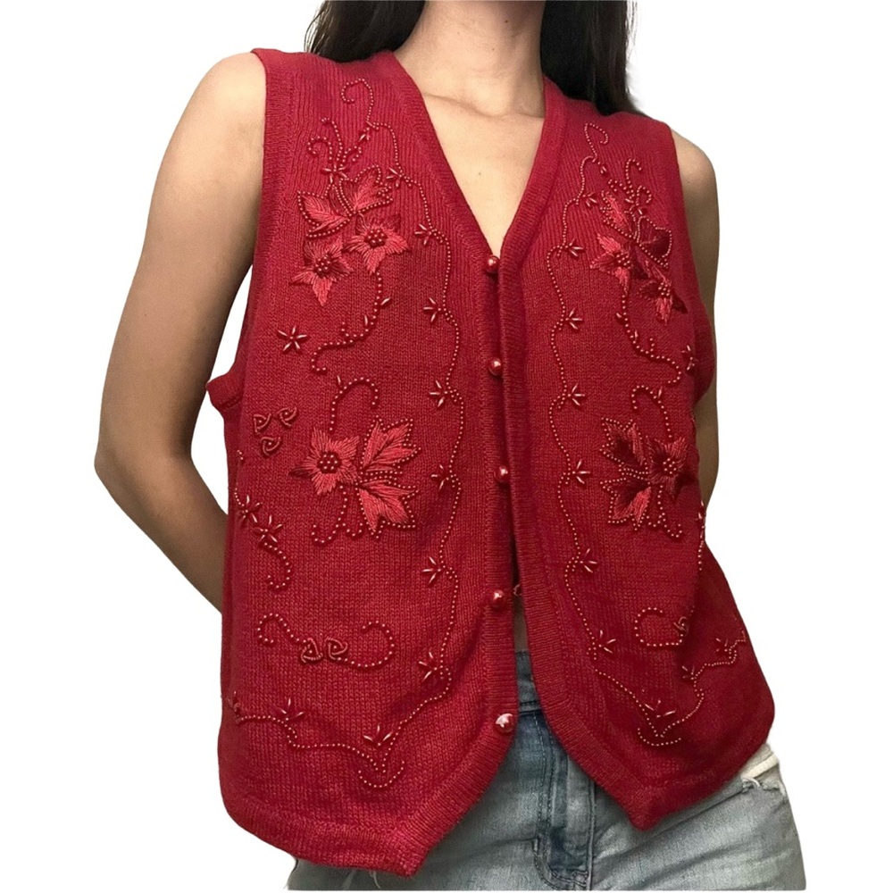 New Vtg Requirements Red Knit Sweater Vest with Floral Embroidery and Beading 3X